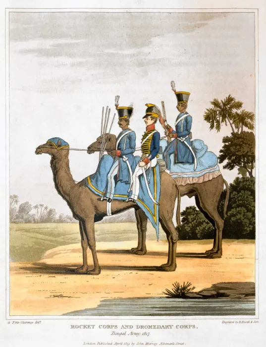 Framed Print : Rocket Corps and Dromedary Corps, Bengal Army 1817 (1819). Artist: Havell & Son Framed Print : Rocket Corps and Dromedary Corps, Bengal Army 1817 (1819). Artist: Havell & Son