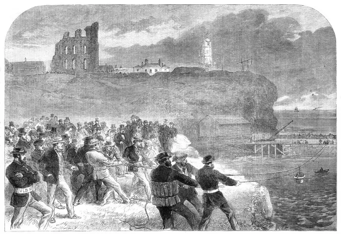 Framed Print : Rocket-line exercise of the Tynemouth Volunteer Life Brigade, 1865. Creator: Mason Jackson Framed Print : Rocket-line exercise of the Tynemouth Volunteer Life Brigade, 1865. Creator: Mason Jackson