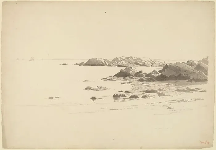 Framed Print : Rocklined Beach with Distant Boats, probably 1860 / 1869. Creator: William Stanley Haseltine Framed Print : Rocklined Beach with Distant Boats, probably 1860 / 1869. Creator: William Stanley Haseltine