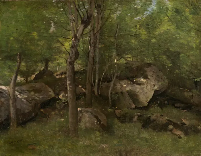 Framed Print : Rocks in the Forest of Fontainebleau, 1860 / 1865. Creator: Jean-Baptiste-Camille Corot Framed Print : Rocks in the Forest of Fontainebleau, 1860 / 1865. Creator: Jean-Baptiste-Camille Corot