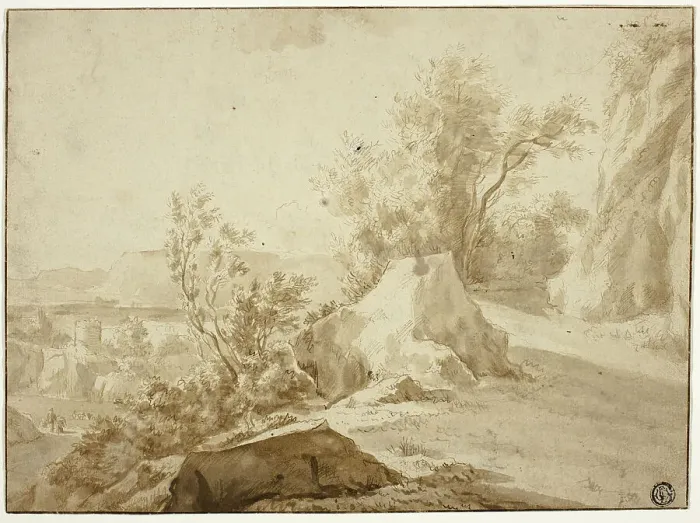 Framed Print : Rocks and Mountain Path, Figures and Town Below, n.d. Creators: Bartholomeus Breenbergh, Jan de Bisschop, Jan Dirksz Both Framed Print : Rocks and Mountain Path, Figures and Town Below, n.d. Creators: Bartholomeus Breenbergh, Jan de Bisschop, Jan Dirksz Both