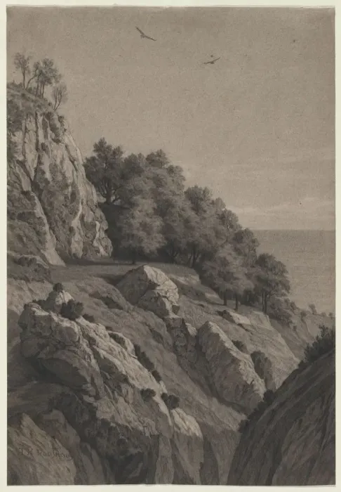 Framed Print : Rocky Cliff on a Coast, c. 1850-1860. Creator: Anonymous Framed Print : Rocky Cliff on a Coast, c. 1850-1860. Creator: Anonymous