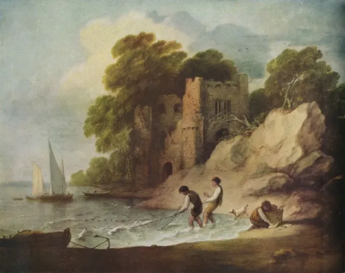 Framed Print : Rocky Coastal Scene with Ruined Castle, Boats and Fishermen, 1780-1781 (1946). Artist: Thomas Gainsborough Framed Print : Rocky Coastal Scene with Ruined Castle, Boats and Fishermen, 1780-1781 (1946). Artist: Thomas Gainsborough