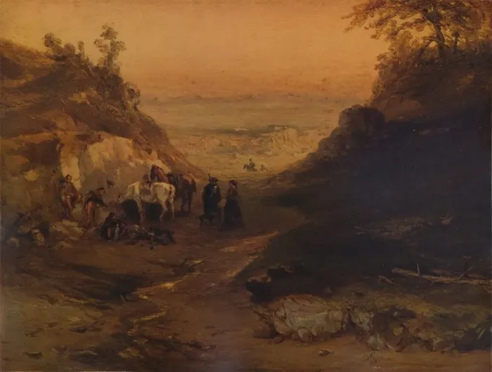 Framed Print : A Rocky Gorge, with Figures and Horses, 1848, (1938) Framed Print : A Rocky Gorge, with Figures and Horses, 1848, (1938)