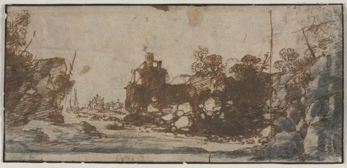 Framed Print : Rocky Inlet with Boats and Buildings (recto); Sketches of Castles (verso), 1600s. Creator: Unknown Framed Print : Rocky Inlet with Boats and Buildings (recto); Sketches of Castles (verso), 1600s. Creator: Unknown
