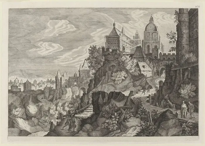 Framed Print : Rocky Landscape in Bohemia. Creators: Aegidius Sadeler II, Pieter Stevens Framed Print : Rocky Landscape in Bohemia. Creators: Aegidius Sadeler II, Pieter Stevens