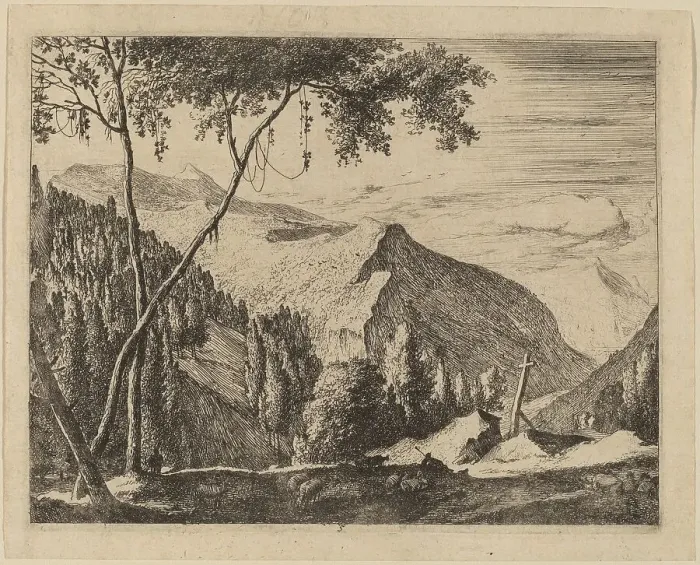 Framed Print : Rocky Landscape with Cross: pl.5. Creators: Roelant Roghman, Melchior Küsel Framed Print : Rocky Landscape with Cross: pl.5. Creators: Roelant Roghman, Melchior Küsel