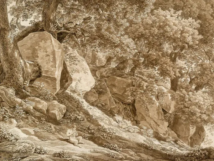 Framed Print : Rocky Landscape with Pan Playing His Flute (In the Park of the Villa Chigi, Ariccia), 1808. Creator: Johann Christian Reinhart Framed Print : Rocky Landscape with Pan Playing His Flute (In the Park of the Villa Chigi, Ariccia), 1808. Creator: Johann Christian Reinhart