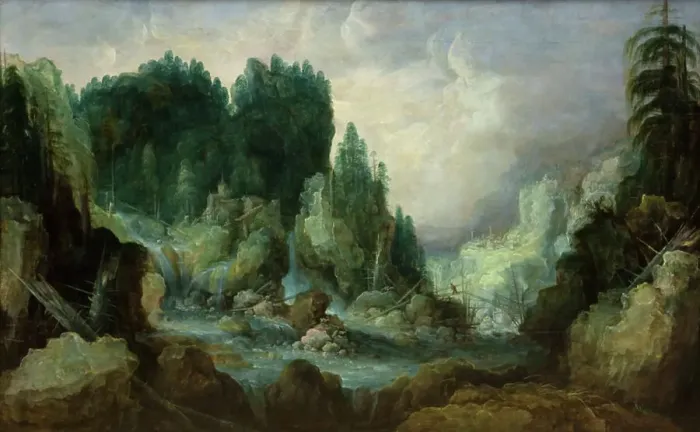 Framed Print : Rocky Landscape with a River and a Waterfall, 1612-1626. Creator: Monogrammist I. V. D. S Framed Print : Rocky Landscape with a River and a Waterfall, 1612-1626. Creator: Monogrammist I. V. D. S