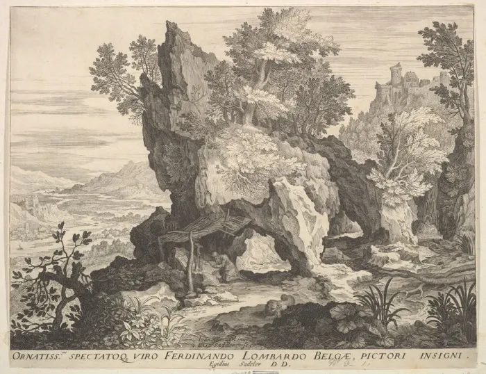 Framed Print : Rocky Landscape with St. Jerome. Creator: Aegidius Sadeler II Framed Print : Rocky Landscape with St. Jerome. Creator: Aegidius Sadeler II