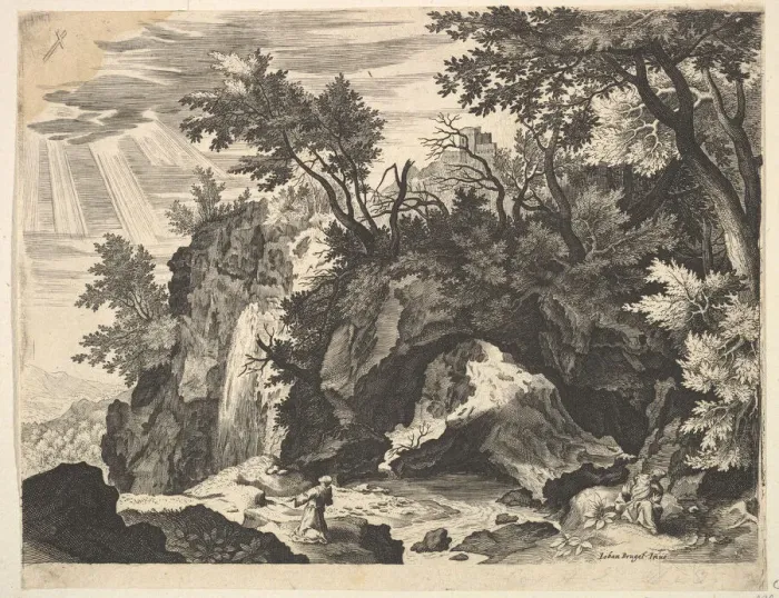 Framed Print : Rocky Landscape with the Stigmatization of St. Francis (reverse copy). Creator: Unknown Framed Print : Rocky Landscape with the Stigmatization of St. Francis (reverse copy). Creator: Unknown