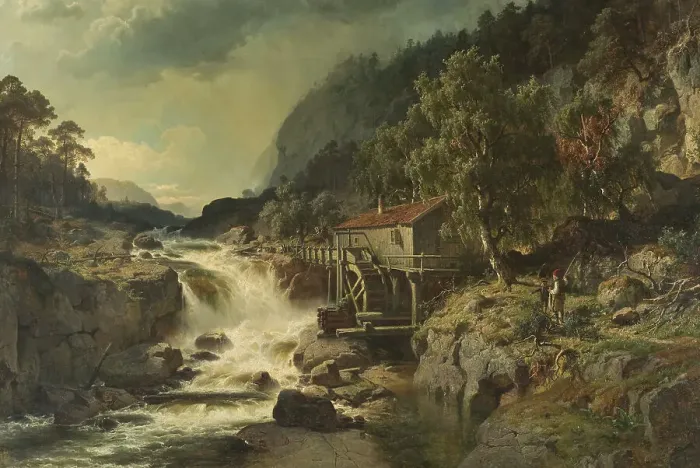 Framed Print : Rocky Landscape with Waterfall and Watermill, Småland, 1862. Creator: Johan Edvard Bergh