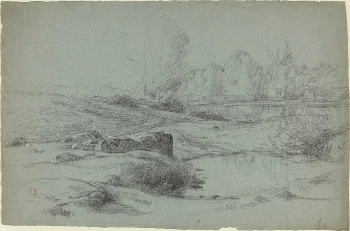 Framed Print : A Rocky Meadow by a River, c. 1840. Creator: Jean Achille Benouville Framed Print : A Rocky Meadow by a River, c. 1840. Creator: Jean Achille Benouville