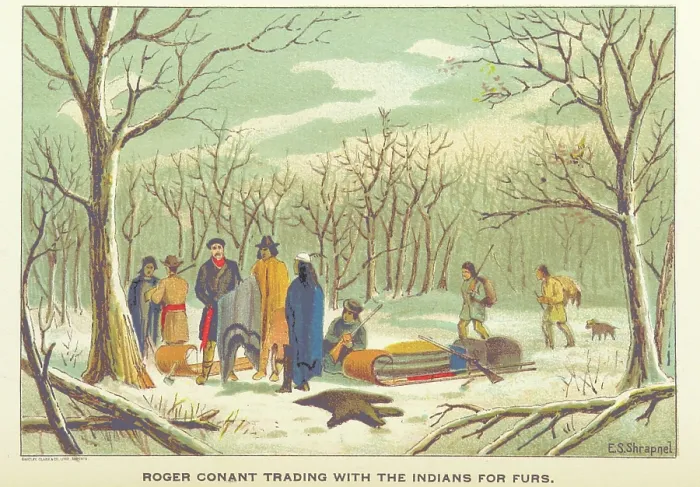 Framed Print : Roger Conant trading with the Indians for furs, 1898. Creator: Unknown Framed Print : Roger Conant trading with the Indians for furs, 1898. Creator: Unknown