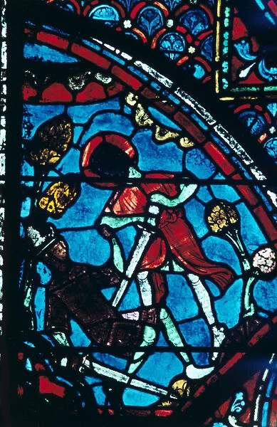 Roland pierces the giant Ferragut in the navel, stained glass, Chartres Cathedral, 1194-1260