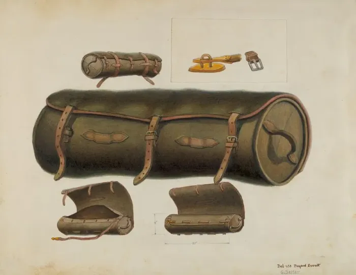 Framed Print : Rolled Leather Knapsack, c. 1937. Creators: Gordon Saltar, B. Berndt Framed Print : Rolled Leather Knapsack, c. 1937. Creators: Gordon Saltar, B. Berndt