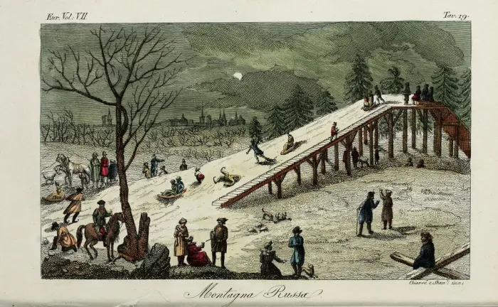 Framed Print : A roller coaster. Illustration from Il costume antico e moderno o storia del governo? by Giulio Ferrario, 1831. Artist: Giarre, Luigi (1772-1844) Framed Print : A roller coaster. Illustration from Il costume antico e moderno o storia del governo? by Giulio Ferrario, 1831. Artist: Giarre, Luigi (1772-1844)