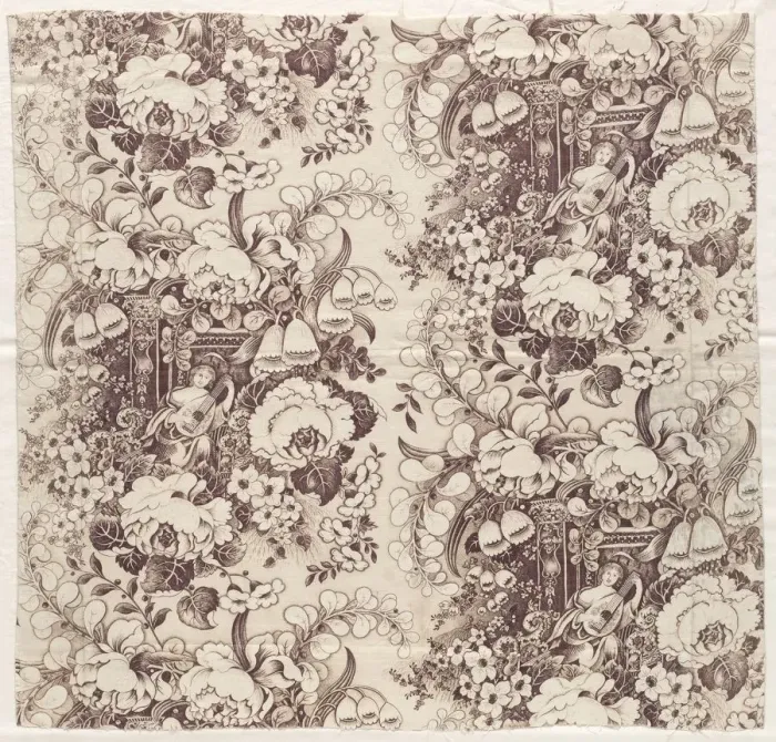 Framed Print : Roller-Printed Cotton with Design of Woman Playing a Lute, early 1800s. Creator: Unknown Framed Print : Roller-Printed Cotton with Design of Woman Playing a Lute, early 1800s. Creator: Unknown