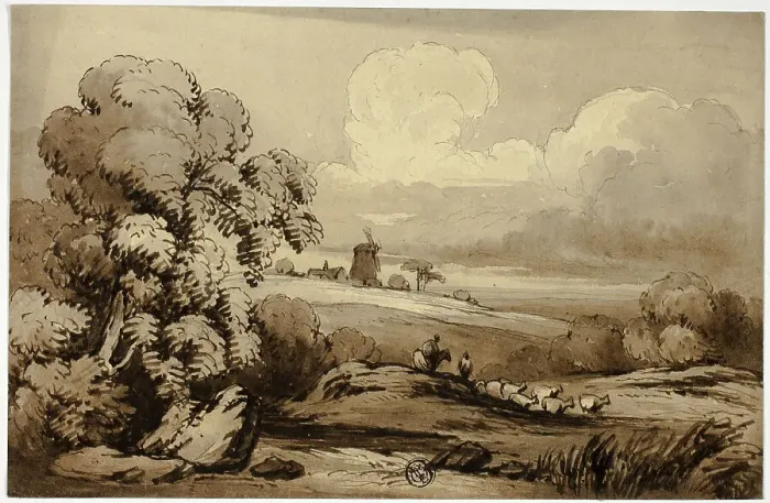 Framed Print : Rolling Hills with Windmill and Sheep, n.d. Creator: James Robertson Framed Print : Rolling Hills with Windmill and Sheep, n.d. Creator: James Robertson