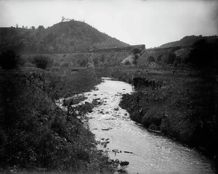 Framed Print : Rolling Stone Valley, westbound passenger train, between 1880 and 1899. Creator: Unknown Framed Print : Rolling Stone Valley, westbound passenger train, between 1880 and 1899. Creator: Unknown