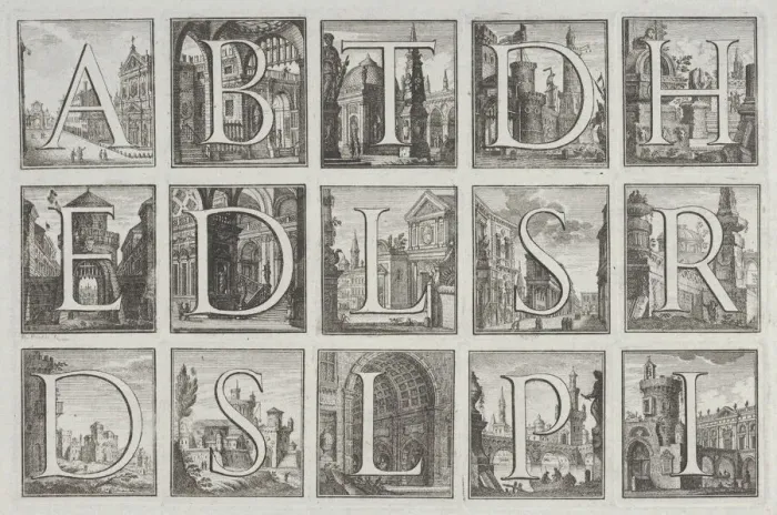 Framed Print : Roman alphabet against architectural backgrounds, from G. P Framed Print : Roman alphabet against architectural backgrounds, from G. P