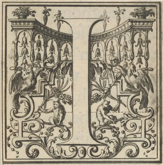 Framed Print : Roman Alphabet letter I with Louis XIV decoration, 18th century. Creator: Bernard Picart Framed Print : Roman Alphabet letter I with Louis XIV decoration, 18th century. Creator: Bernard Picart