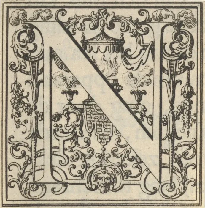 Framed Print : Roman Alphabet letter N with Louis XIV decoration, 18th century. Creator: Bernard Picart Framed Print : Roman Alphabet letter N with Louis XIV decoration, 18th century. Creator: Bernard Picart