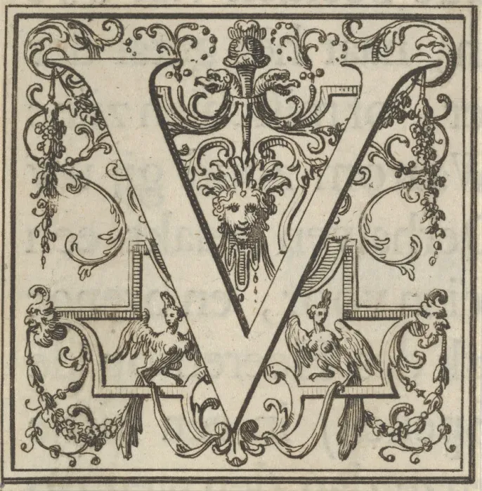 Framed Print : Roman Alphabet letter V with Louis XIV decoration, 18th century. Creator: Bernard Picart Framed Print : Roman Alphabet letter V with Louis XIV decoration, 18th century. Creator: Bernard Picart