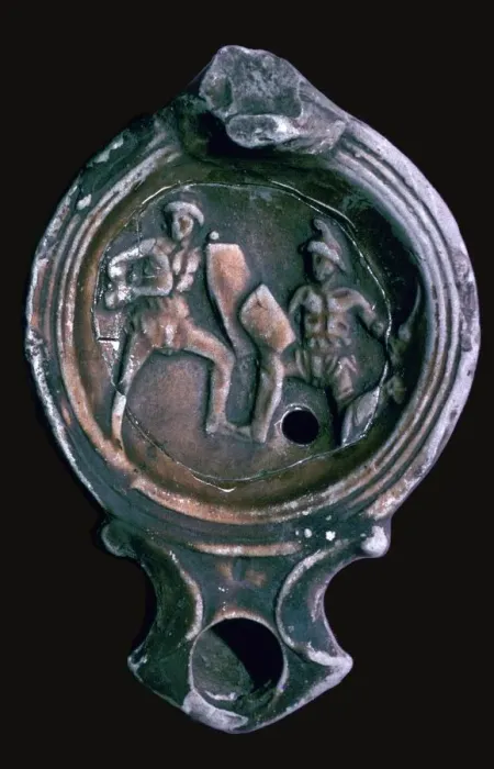 Framed Print : Roman clay lamp with design of gladiators, 3rd century Framed Print : Roman clay lamp with design of gladiators, 3rd century