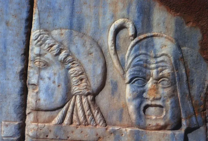 Framed Print : Roman comic masks, Sabratha, Libya, c161-c192 AD Framed Print : Roman comic masks, Sabratha, Libya, c161-c192 AD