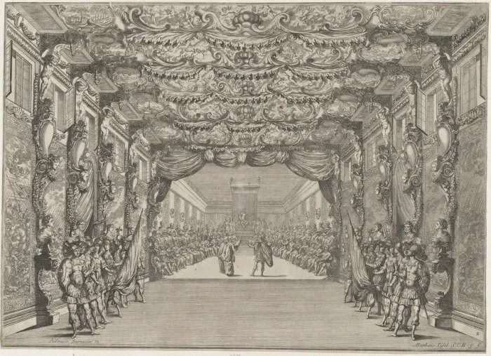 Framed Print : The Roman curia with guards in the anteroom; set design from Il Fuoco Eterno, 1674. Creator: Mathaus Küsel Framed Print : The Roman curia with guards in the anteroom; set design from Il Fuoco Eterno, 1674. Creator: Mathaus Küsel