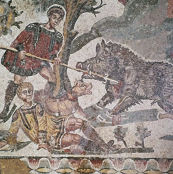 Detail of a Roman floor mosaic showing a boar hunt, 3rd century