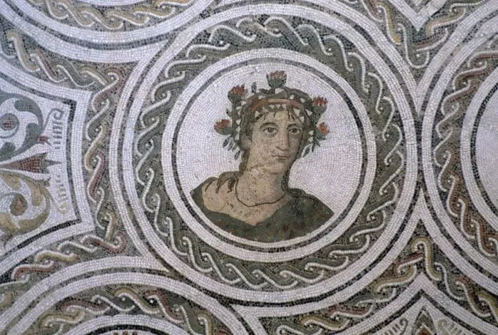 Framed Print : Detail of Roman floor mosaic of Spring, 2nd century Framed Print : Detail of Roman floor mosaic of Spring, 2nd century