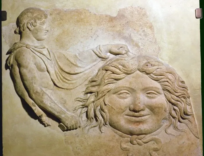 Framed Print : Roman fragment of a terracotta Campana relief showing head of Medusa with figure of Perseus Framed Print : Roman fragment of a terracotta Campana relief showing head of Medusa with figure of Perseus