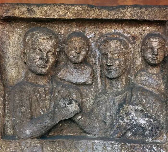 Framed Print : Roman grave-slab showing a family group Framed Print : Roman grave-slab showing a family group
