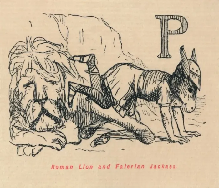 Framed Print : Roman Lion and Falerian Jackass, 1852. Artist: John Leech Framed Print : Roman Lion and Falerian Jackass, 1852. Artist: John Leech