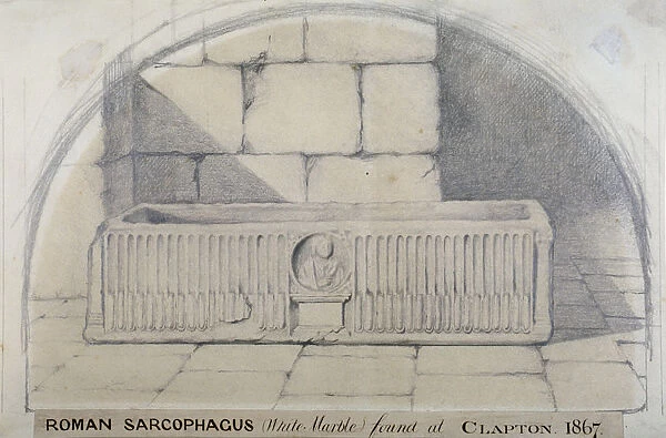 Roman marble sarcophagus found at Clapton in 1867, carved with a medallion relief of figure, 1872