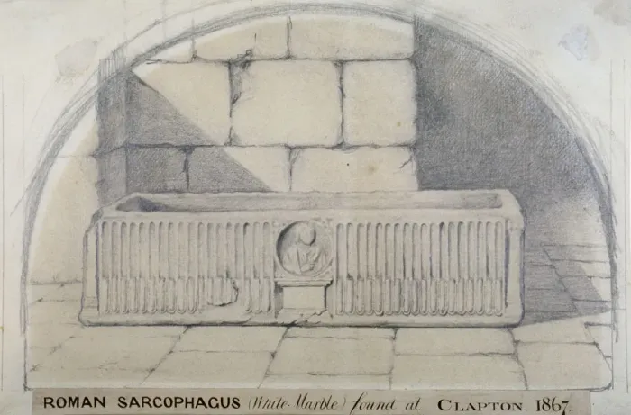 Framed Print : Roman marble sarcophagus found at Clapton in 1867, carved with a medallion relief of figure, 1872 Framed Print : Roman marble sarcophagus found at Clapton in 1867, carved with a medallion relief of figure, 1872