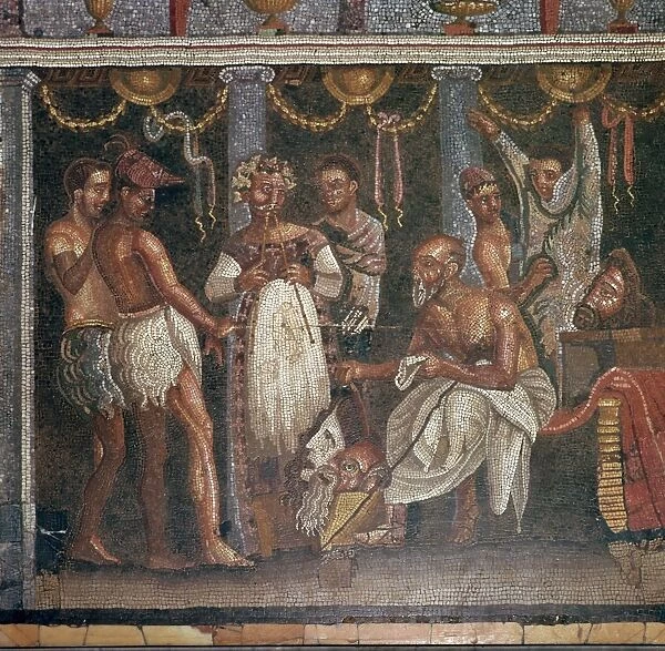 Roman mosaic of actors preparing for a play