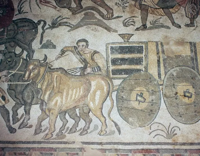 Framed Print : Roman mosaic of a bullock cart, 3rd century Framed Print : Roman mosaic of a bullock cart, 3rd century