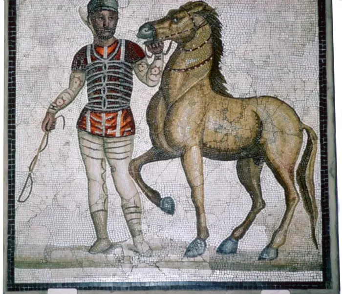 Framed Print : Roman mosaic of a charioteer with horse Framed Print : Roman mosaic of a charioteer with horse