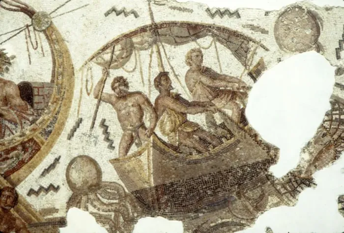 Framed Print : Roman Mosaic of Fishing Boat, c2nd-3rd century Framed Print : Roman Mosaic of Fishing Boat, c2nd-3rd century