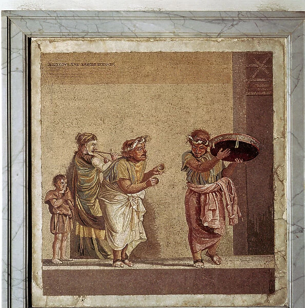 Roman mosaic of musicians and masked actors in a play, Pompeii, Italy. Artist: Dioscurides