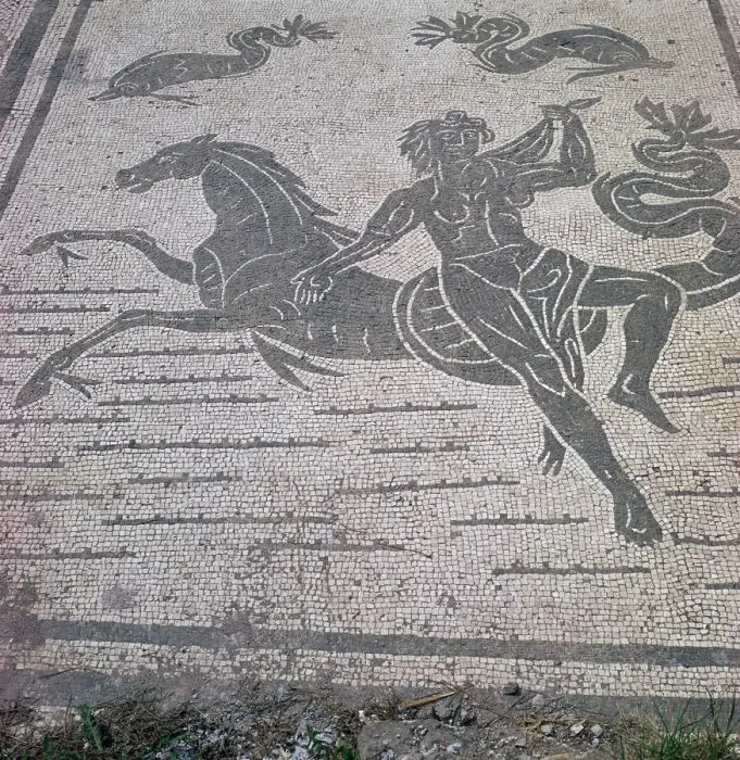 Framed Print : Roman mosaic of a nymph riding a sea-horse, 2nd century Framed Print : Roman mosaic of a nymph riding a sea-horse, 2nd century