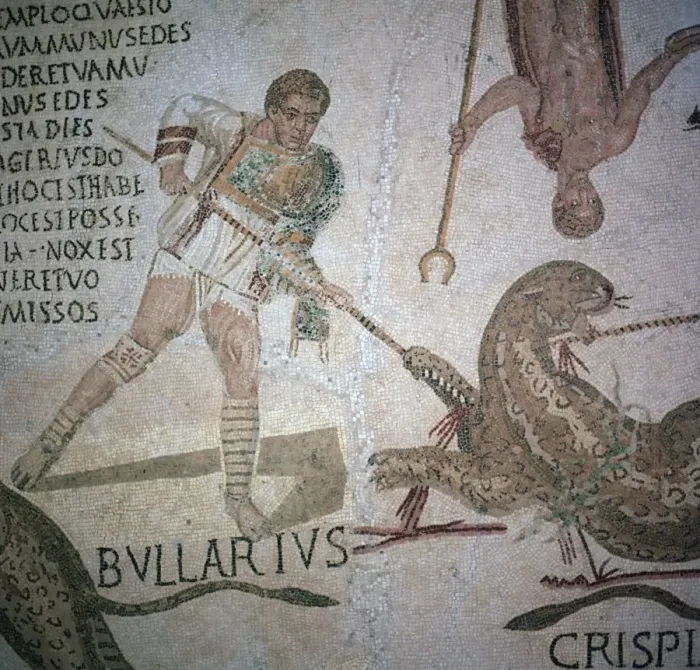 Framed Print : Roman mosaic of performers killing a leopard at a spectacle, 3rd century Framed Print : Roman mosaic of performers killing a leopard at a spectacle, 3rd century
