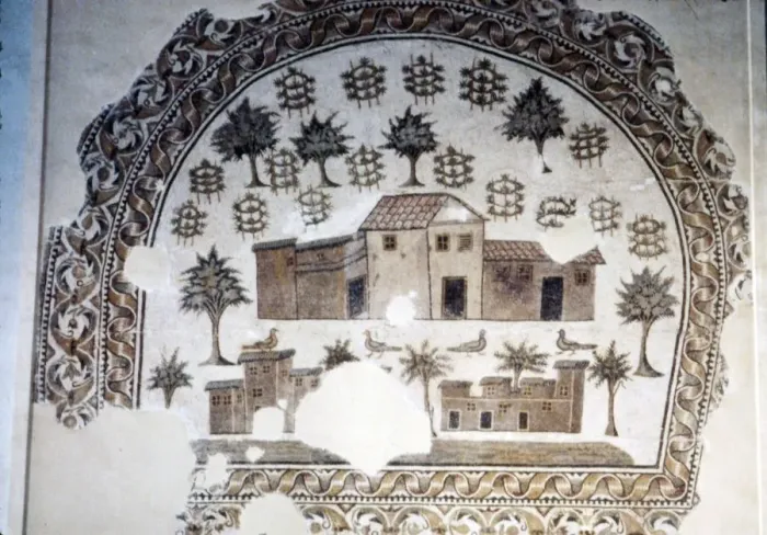 Framed Print : Roman Mosaic of Roman Villa with trees and vines, c3rd century Framed Print : Roman Mosaic of Roman Villa with trees and vines, c3rd century