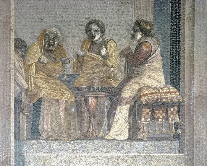 Framed Print : Roman mosaic of Scene from play with masked actors, Villa of Cicero, Pompeii, c2nd century BC. Artist: Dioscurides of Samos Framed Print : Roman mosaic of Scene from play with masked actors, Villa of Cicero, Pompeii, c2nd century BC. Artist: Dioscurides of Samos