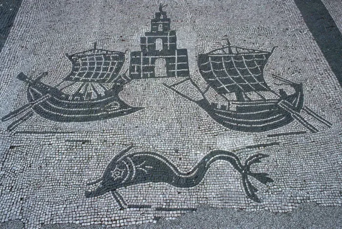Framed Print : Roman mosaic of two ships, a light house, and a dolphin, 2nd century Framed Print : Roman mosaic of two ships, a light house, and a dolphin, 2nd century