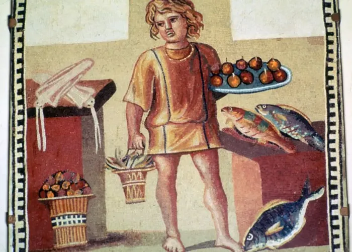 Framed Print : Roman mosaic of a slave boy in a kitchen Framed Print : Roman mosaic of a slave boy in a kitchen