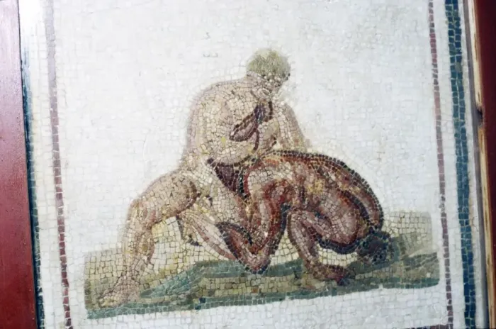 Framed Print : Roman Mosaic Wrestlers, c2nd-3rd century Framed Print : Roman Mosaic Wrestlers, c2nd-3rd century